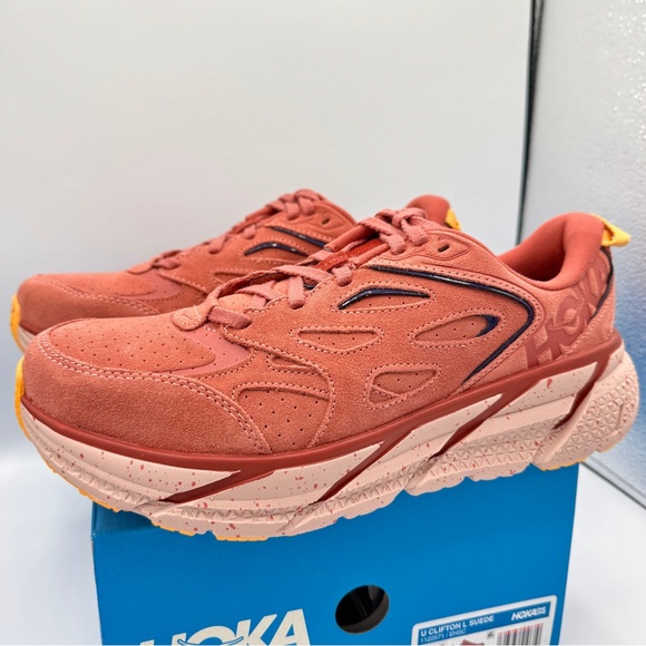 NWT Hoka Clifton L Suede Sneakers Earthenware Hot Sauce Red Brown Unisex Leather